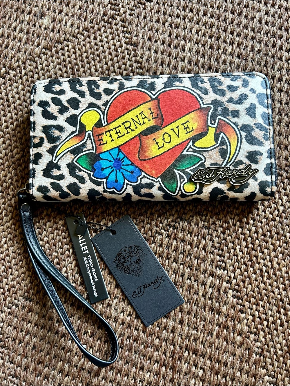 Ed Hardy Leopard Print Zip Wallet with Red Tattoo Heart and Yellow Banner